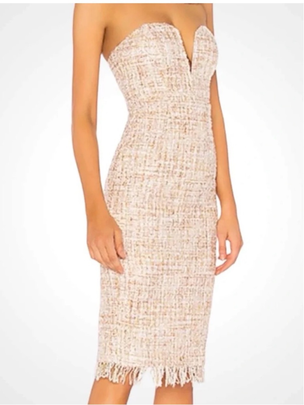 Strapless Tweed Midi Dress in Cream with Fringe Detail